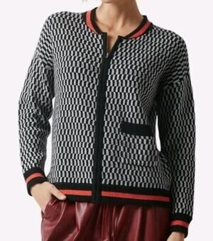 Zaket & Plover Jacquard Bomber Jacket Checker Print Zip Cardigan Sweater Large